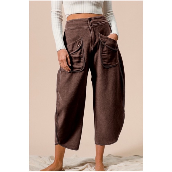 Bibi Brown Washed Terry Pockets Cropped Barrel Style Pants - Picture 1 of 6